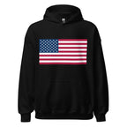 Unisex navy blue hoodie featuring American flag design printed across the front chest