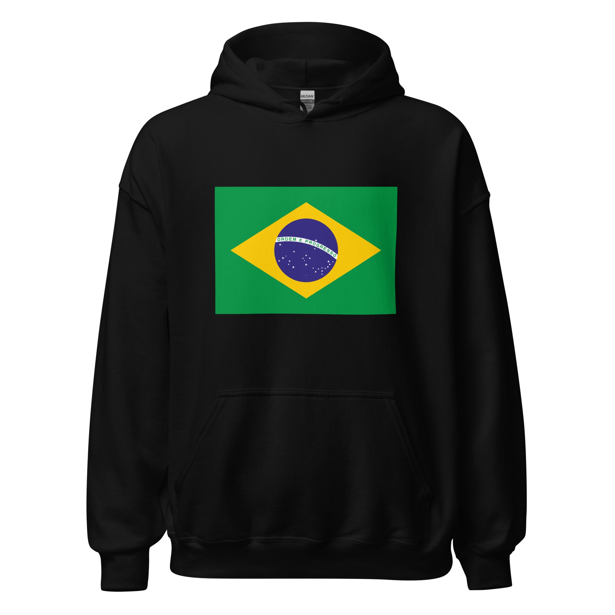 Unisex heather gray hoodie featuring Brazilian flag design printed across the front chest