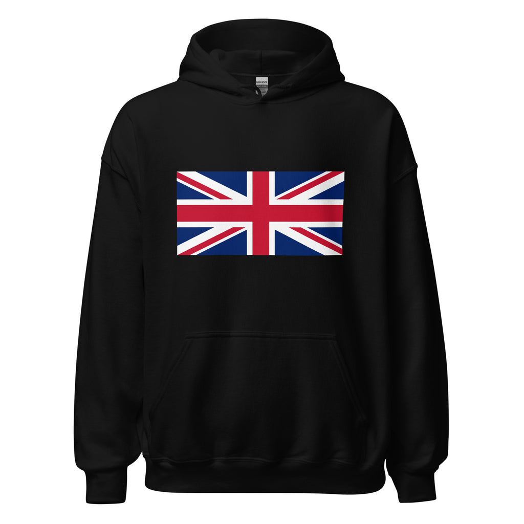Unisex heather gray hoodie featuring British flag design printed across the front chest