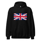 Unisex heather gray hoodie featuring British flag design printed across the front chest