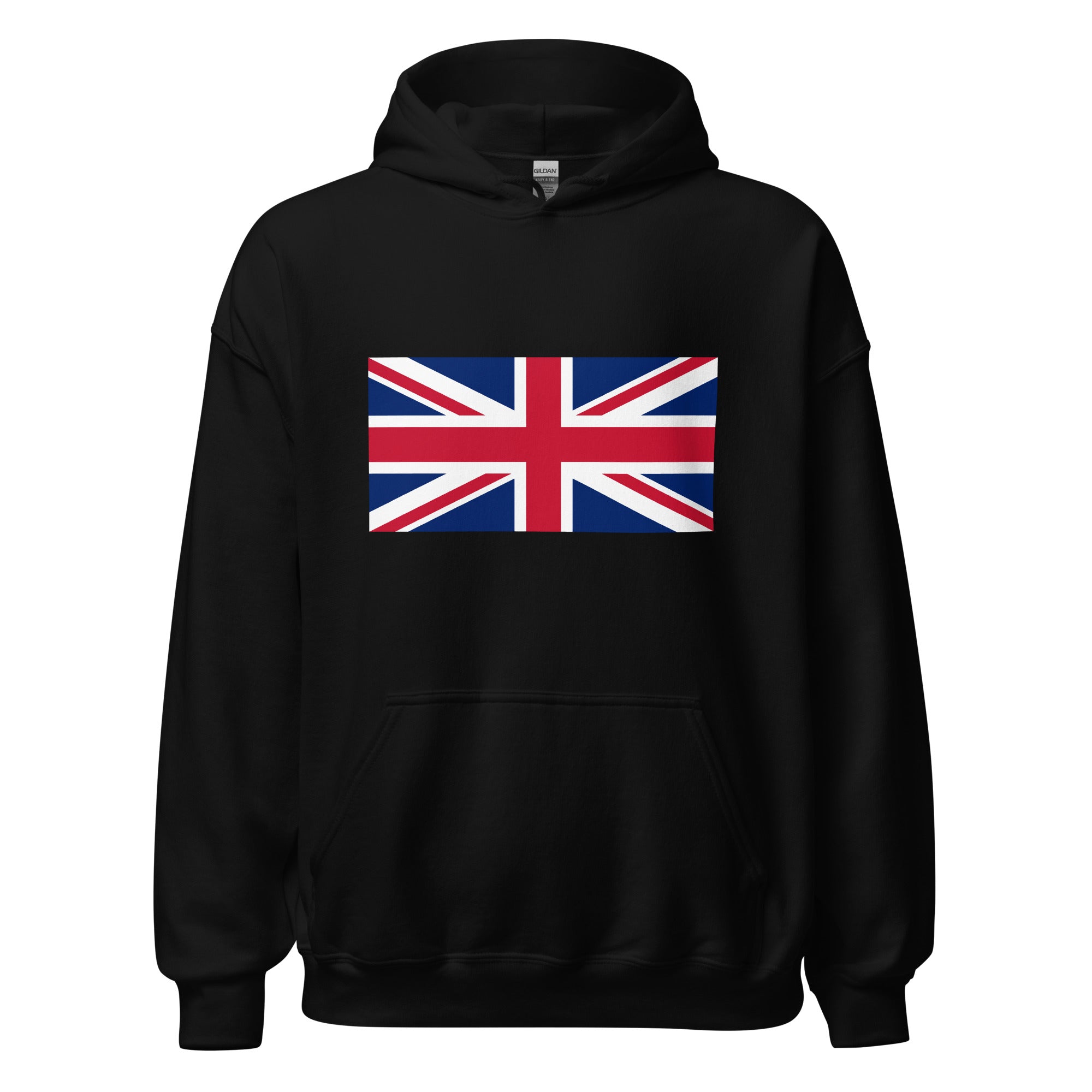 Unisex heather gray hoodie featuring British flag design printed across the front chest