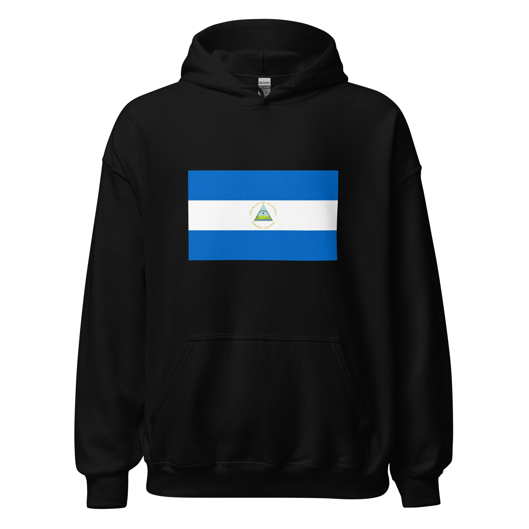 Unisex heather gray hoodie featuring Nicaraguan flag design printed across the front chest
