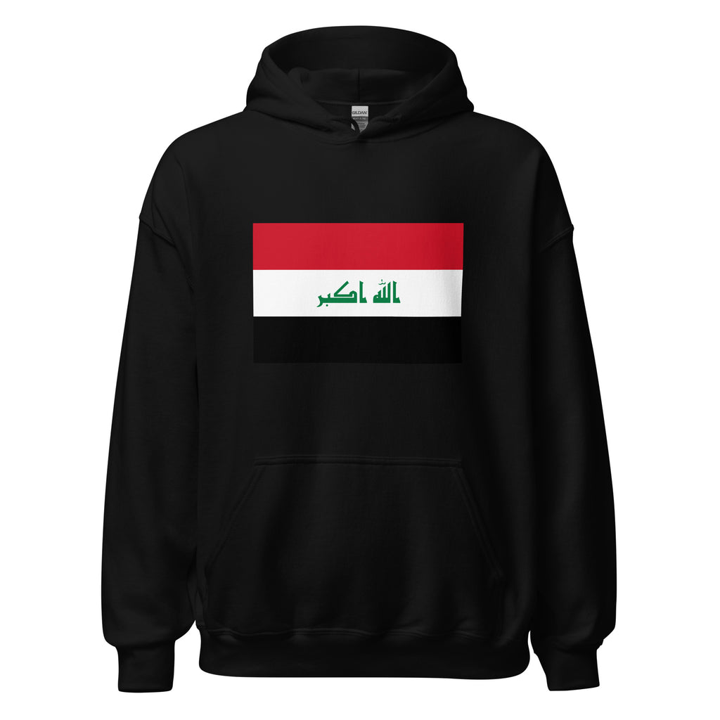 Unisex heather gray hoodie featuring Iraqi flag design printed across the front chest