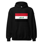 Unisex heather gray hoodie featuring Iraqi flag design printed across the front chest