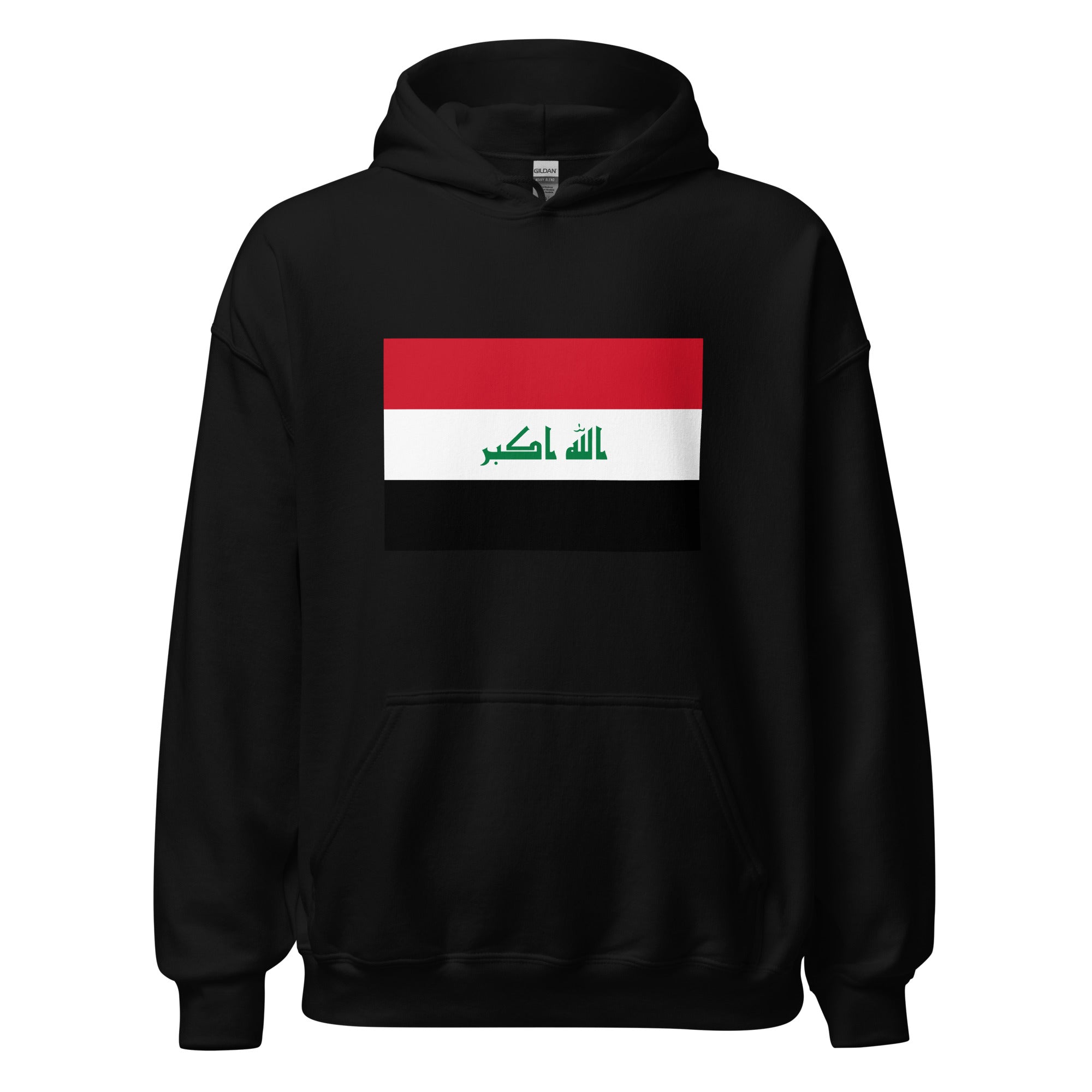 Unisex heather gray hoodie featuring Iraqi flag design printed across the front chest