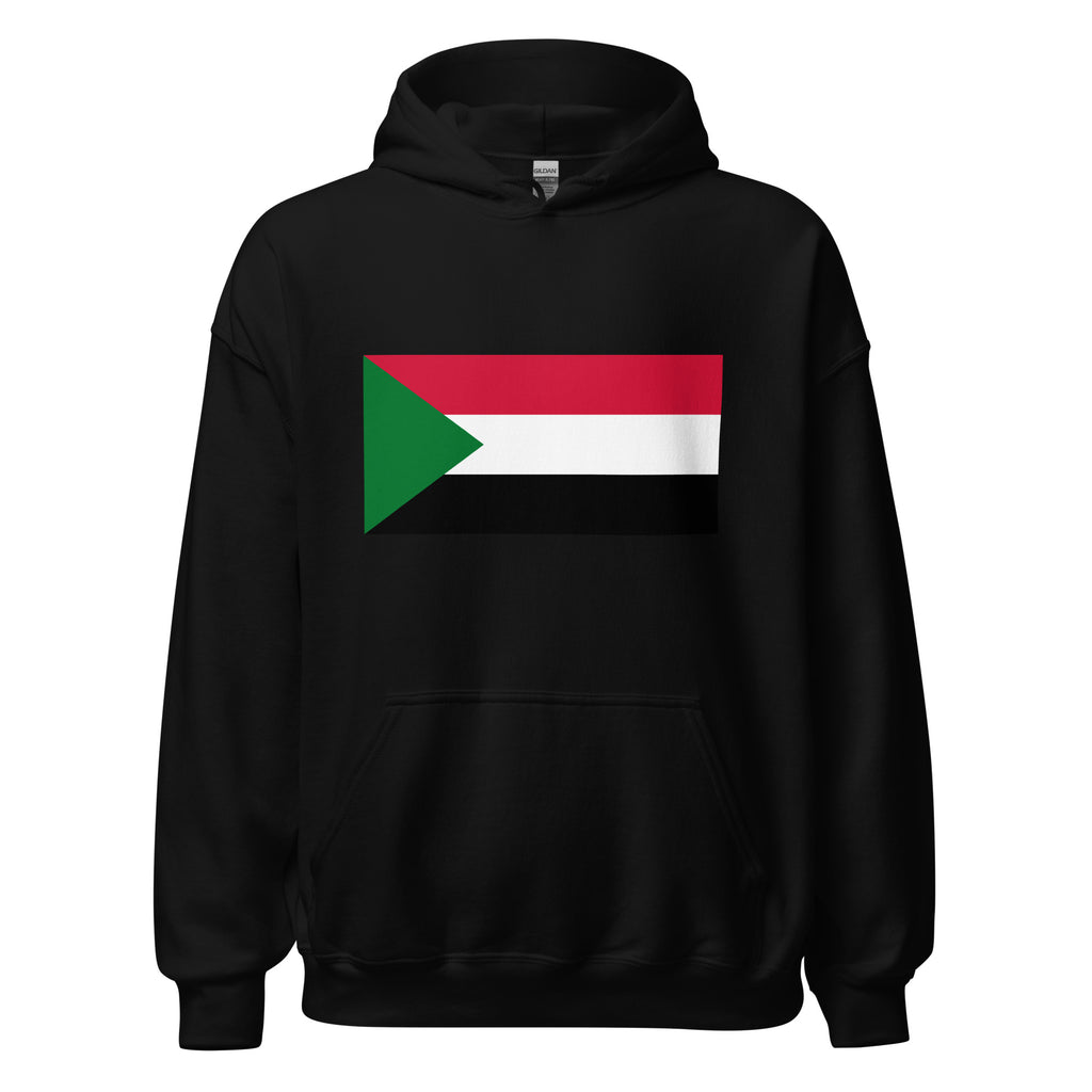Unisex heather gray hoodie featuring Sudanese flag design printed across the front chest