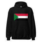 Unisex heather gray hoodie featuring Sudanese flag design printed across the front chest
