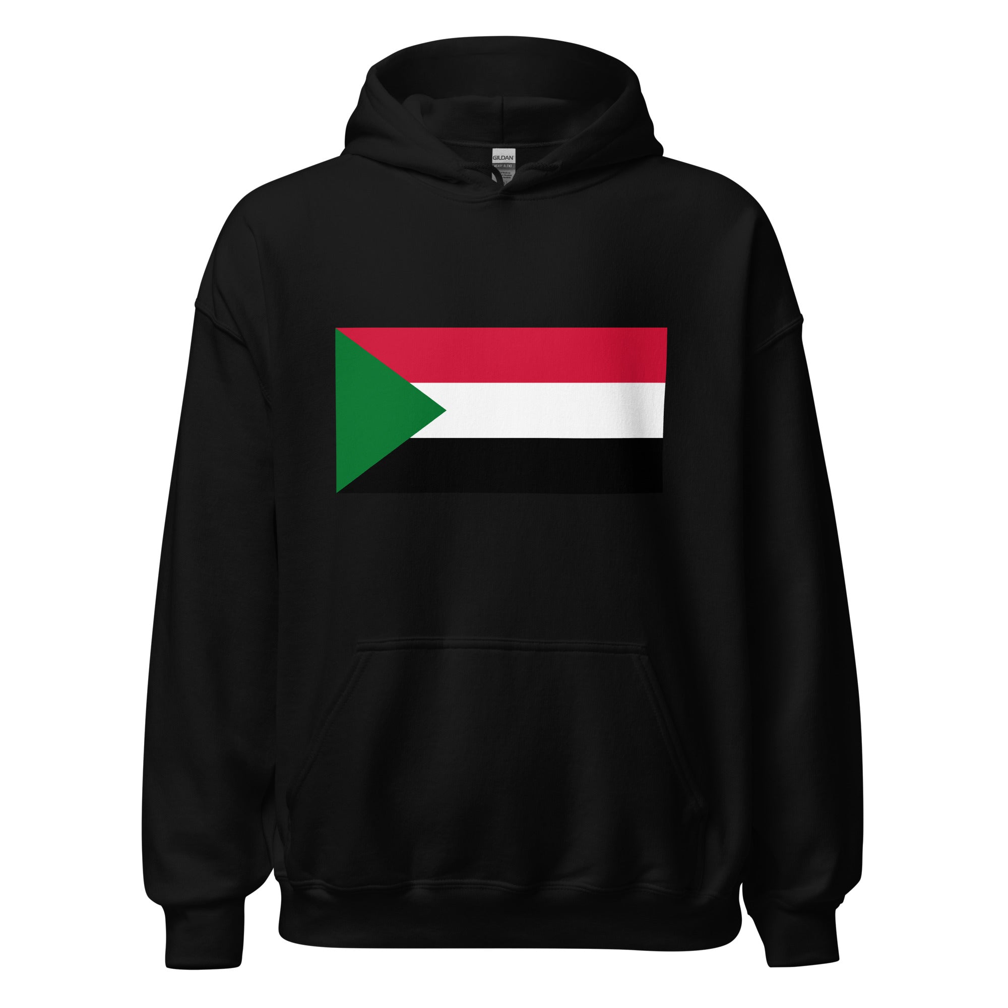 Unisex heather gray hoodie featuring Sudanese flag design printed across the front chest