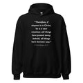 Unisex heather gray hoodie with 2 Corinthians 5:17 Bible verse printed in white text on front