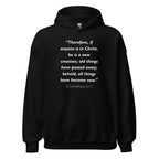Unisex heather gray hoodie with 2 Corinthians 5:17 Bible verse printed in white text on front