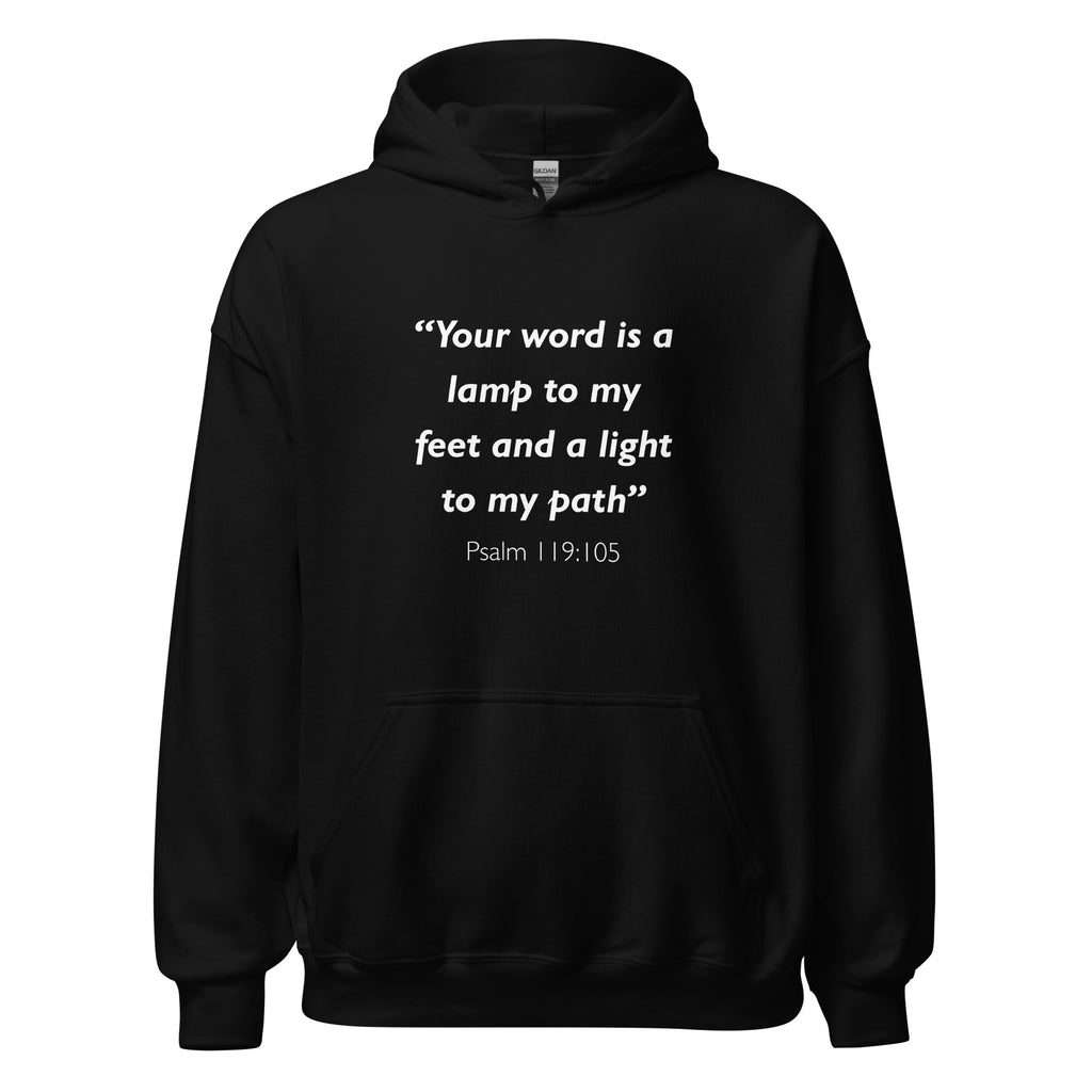 Unisex maroon hoodie with Psalm 119:105 Bible verse printed in white text on front