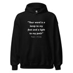 Unisex maroon hoodie with Psalm 119:105 Bible verse printed in white text on front