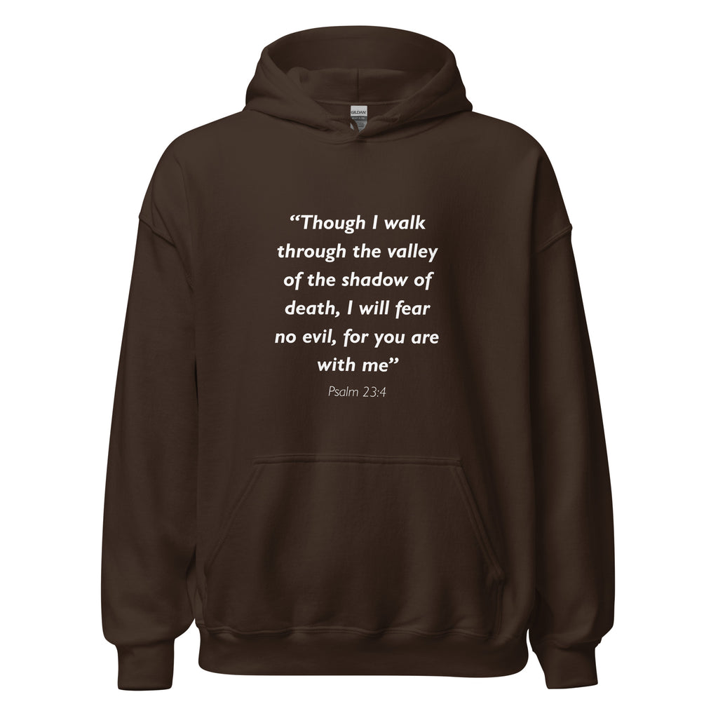 Unisex navy blue hoodie with Psalm 23:4 Bible verse printed in white text on front