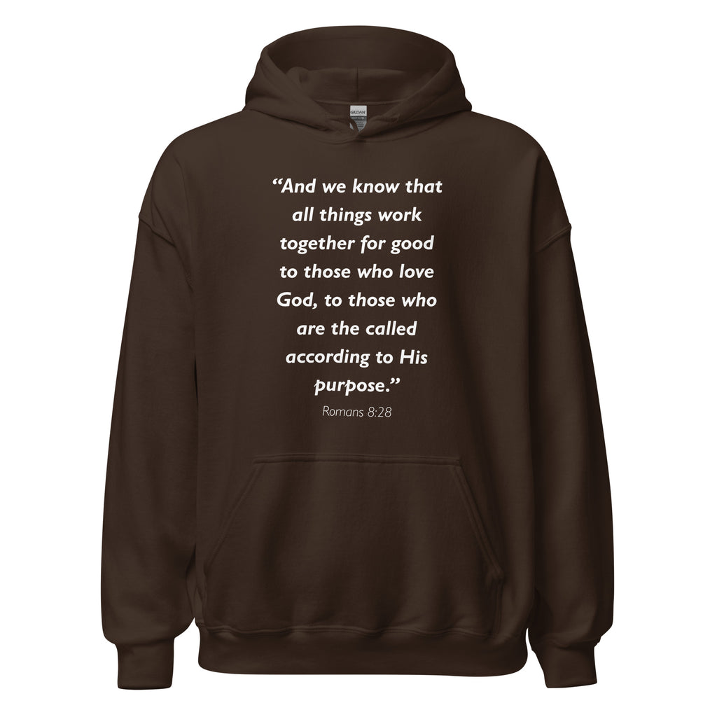 Unisex navy blue hoodie with Romans 8:28 Bible verse printed in white text on front