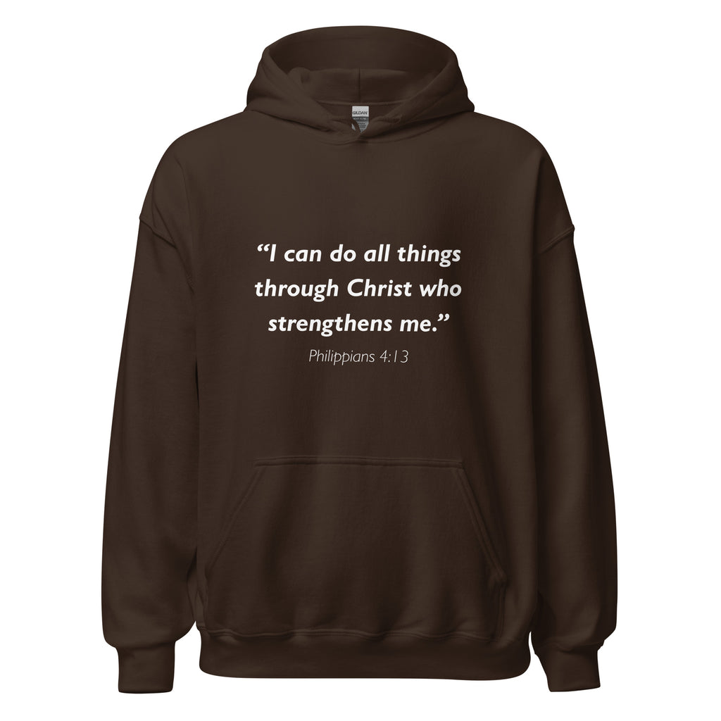 Unisex navy blue hoodie with Philippians 4:13 Bible verse printed in white text on front