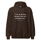Unisex navy blue hoodie with Philippians 4:13 Bible verse printed in white text on front