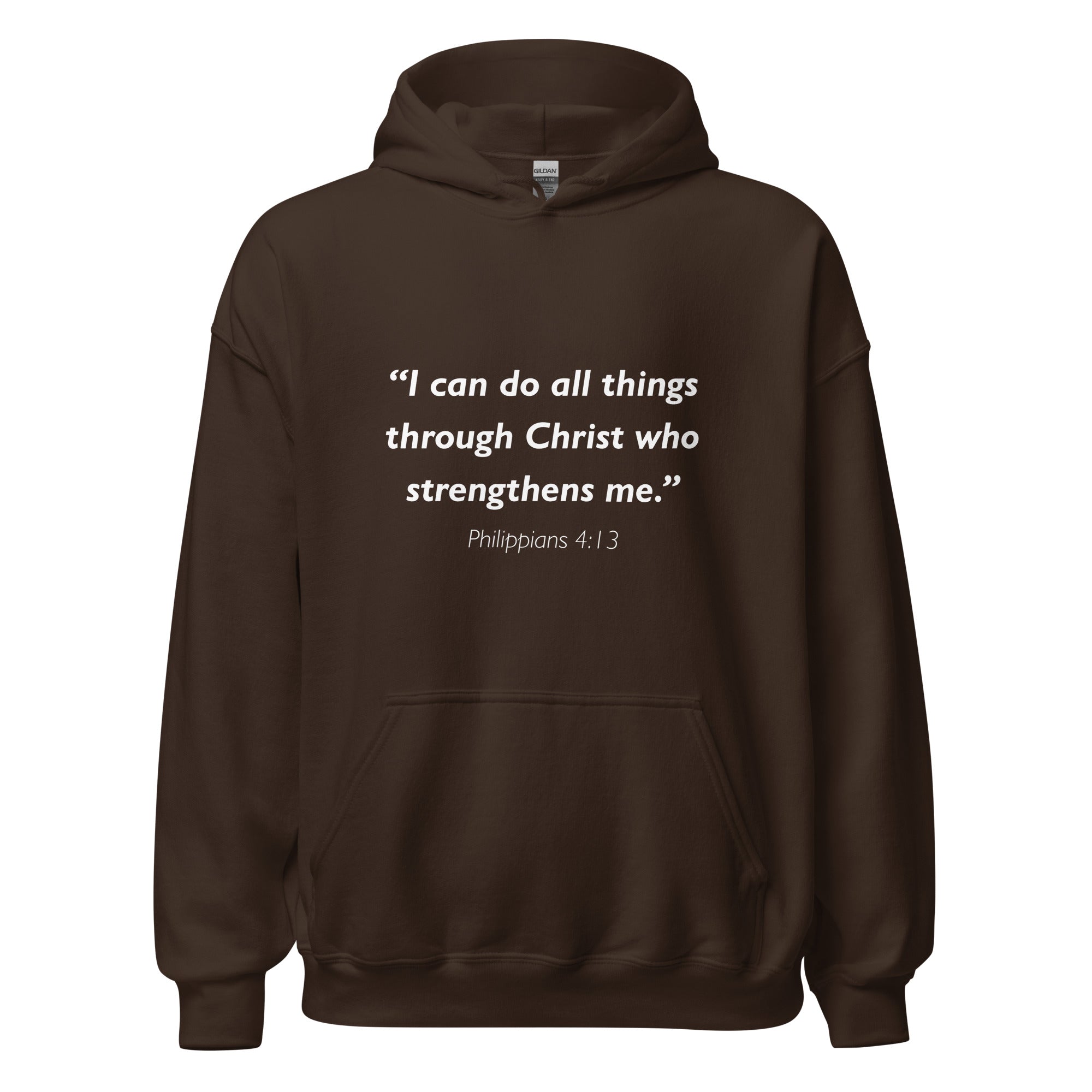 Unisex navy blue hoodie with Philippians 4:13 Bible verse printed in white text on front