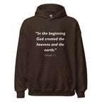 Unisex white hoodie with Genesis 1:1 Bible verse printed in white text on front