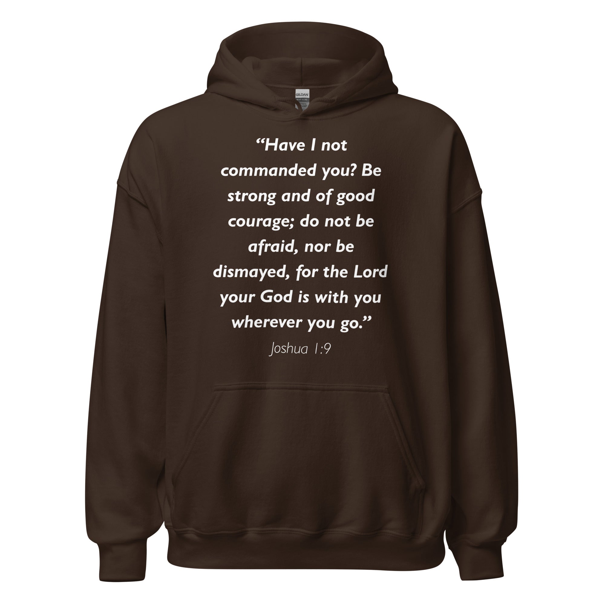 Unisex navy blue hoodie with Joshua 1:9 Bible verse printed in white text on front