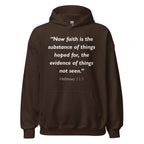 Unisex white hoodie with Hebrews 11:1 Bible verse printed in white text on front
