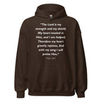 Unisex navy blue hoodie with Psalm 28:7 Bible verse printed in white text on front