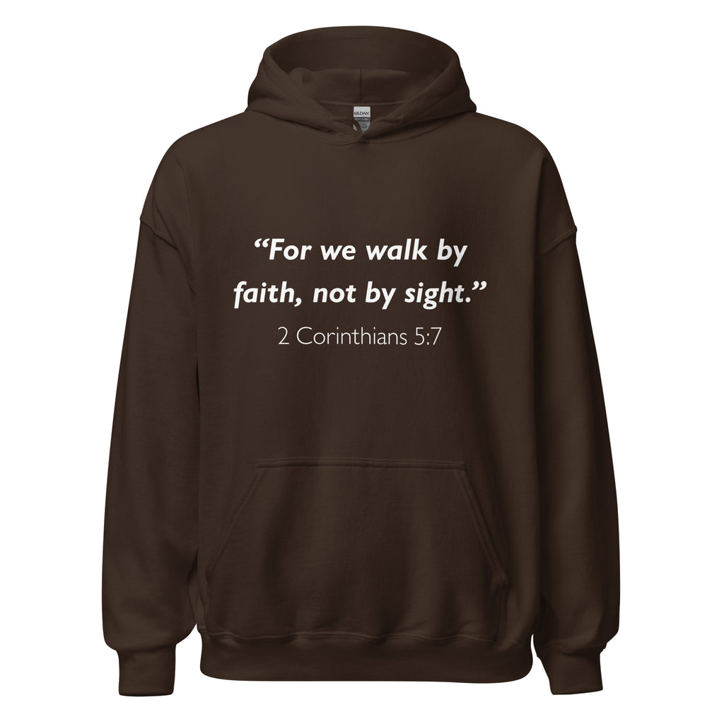 Unisex navy blue hoodie with 2 Corinthians 5:7 Bible verse printed in white text on front