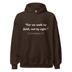 Unisex navy blue hoodie with 2 Corinthians 5:7 Bible verse printed in white text on front