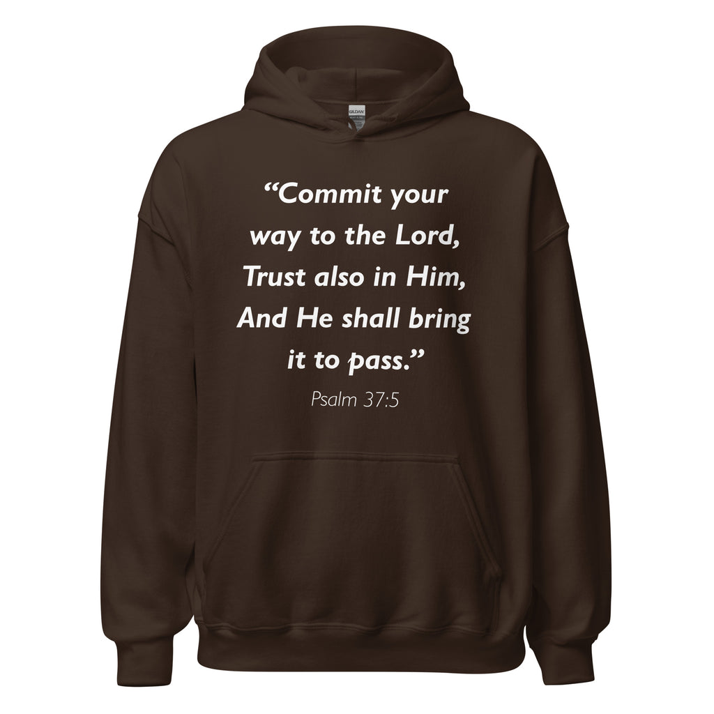 Unisex white hoodie with Psalm 37:5 Bible verse printed in white text on front