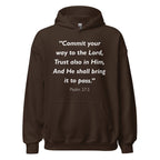 Unisex white hoodie with Psalm 37:5 Bible verse printed in white text on front