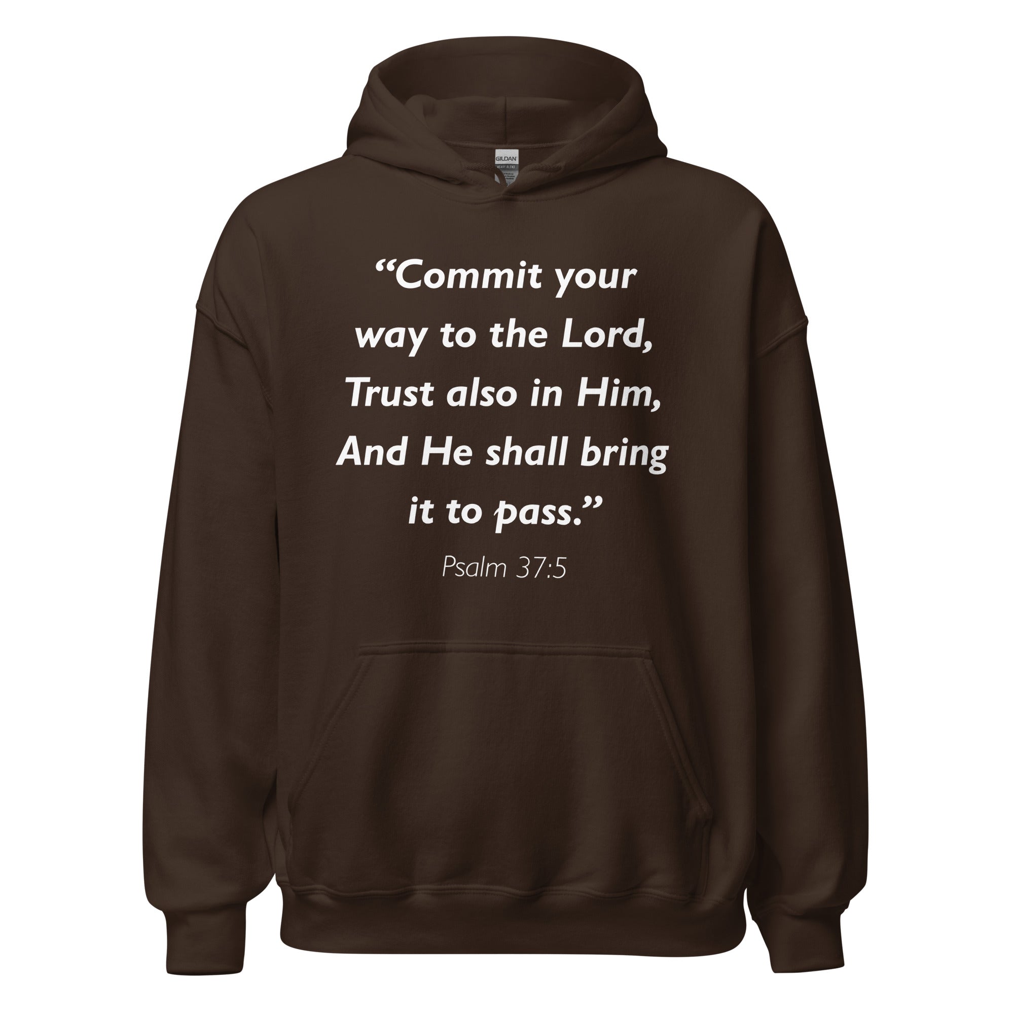 Unisex white hoodie with Psalm 37:5 Bible verse printed in white text on front