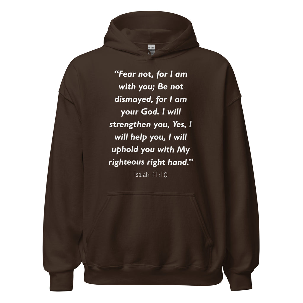 Unisex navy blue hoodie with Isaiah 41:10 Bible verse printed in white text on front