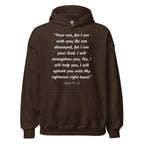 Unisex navy blue hoodie with Isaiah 41:10 Bible verse printed in white text on front