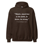 Unisex navy blue hoodie with 1 Corinthians 16:13 Bible verse printed in white text on front