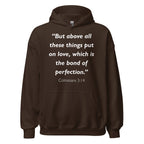 Unisex navy blue hoodie with Colossians 3:14 Bible verse printed in white text on front