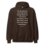 Unisex navy blue hoodie with Ephesians 2:8-9 Bible verse printed in white text on front