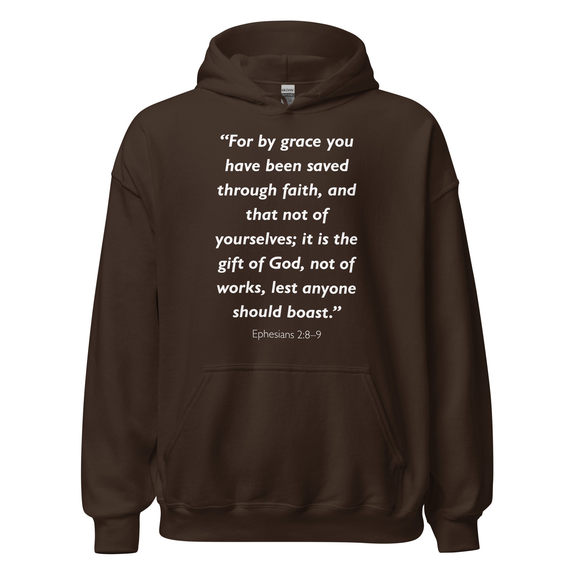 Unisex navy blue hoodie with Ephesians 2:8-9 Bible verse printed in white text on front