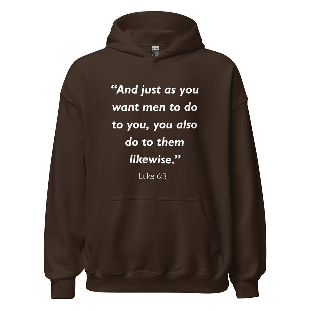 Unisex navy blue hoodie with Luke 6:31 Bible verse printed in white text on front