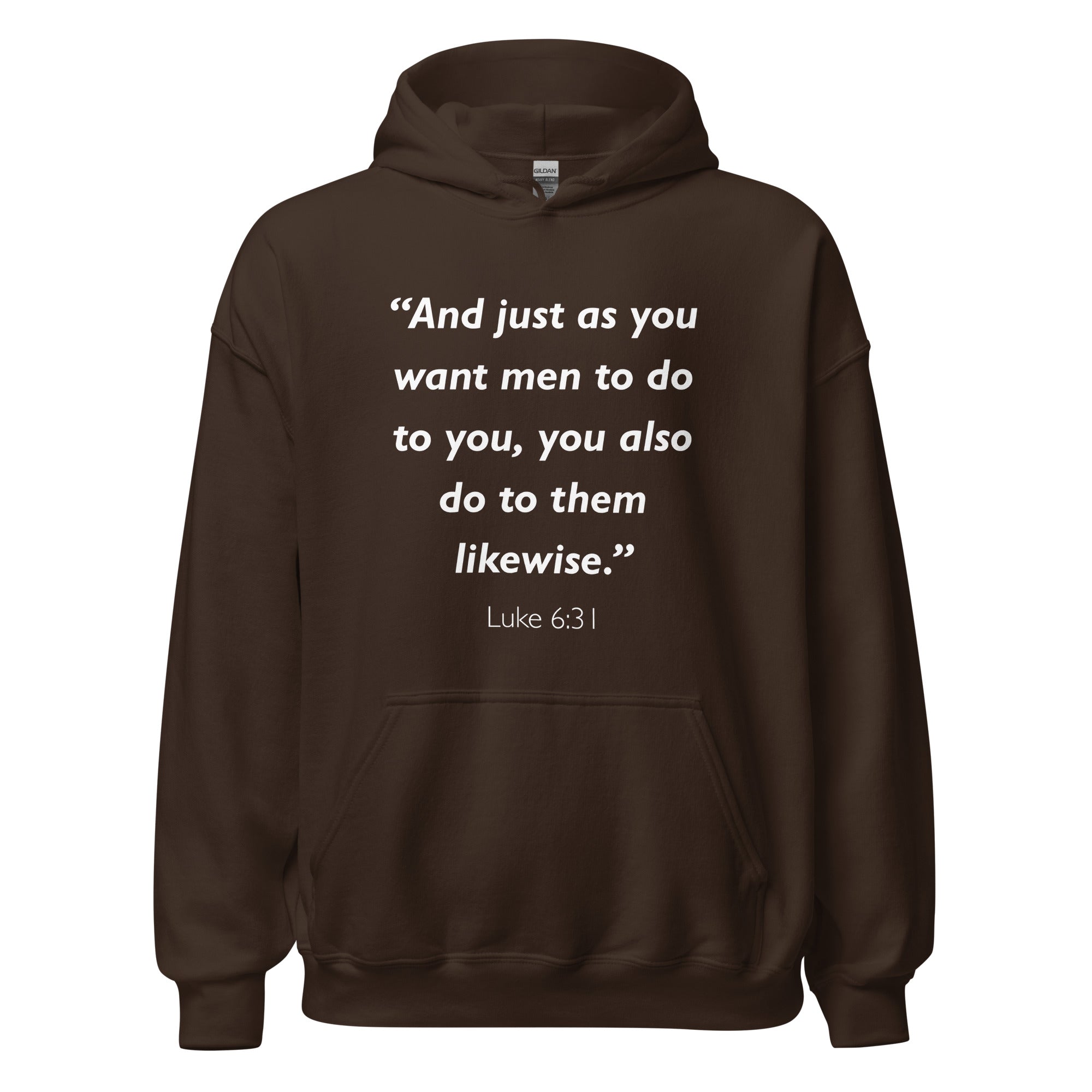 Unisex navy blue hoodie with Luke 6:31 Bible verse printed in white text on front