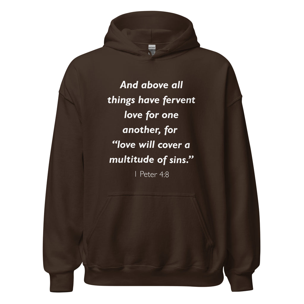 Unisex navy blue hoodie with 1 Peter 4:8 Bible verse printed in white text on front