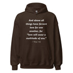 Unisex navy blue hoodie with 1 Peter 4:8 Bible verse printed in white text on front