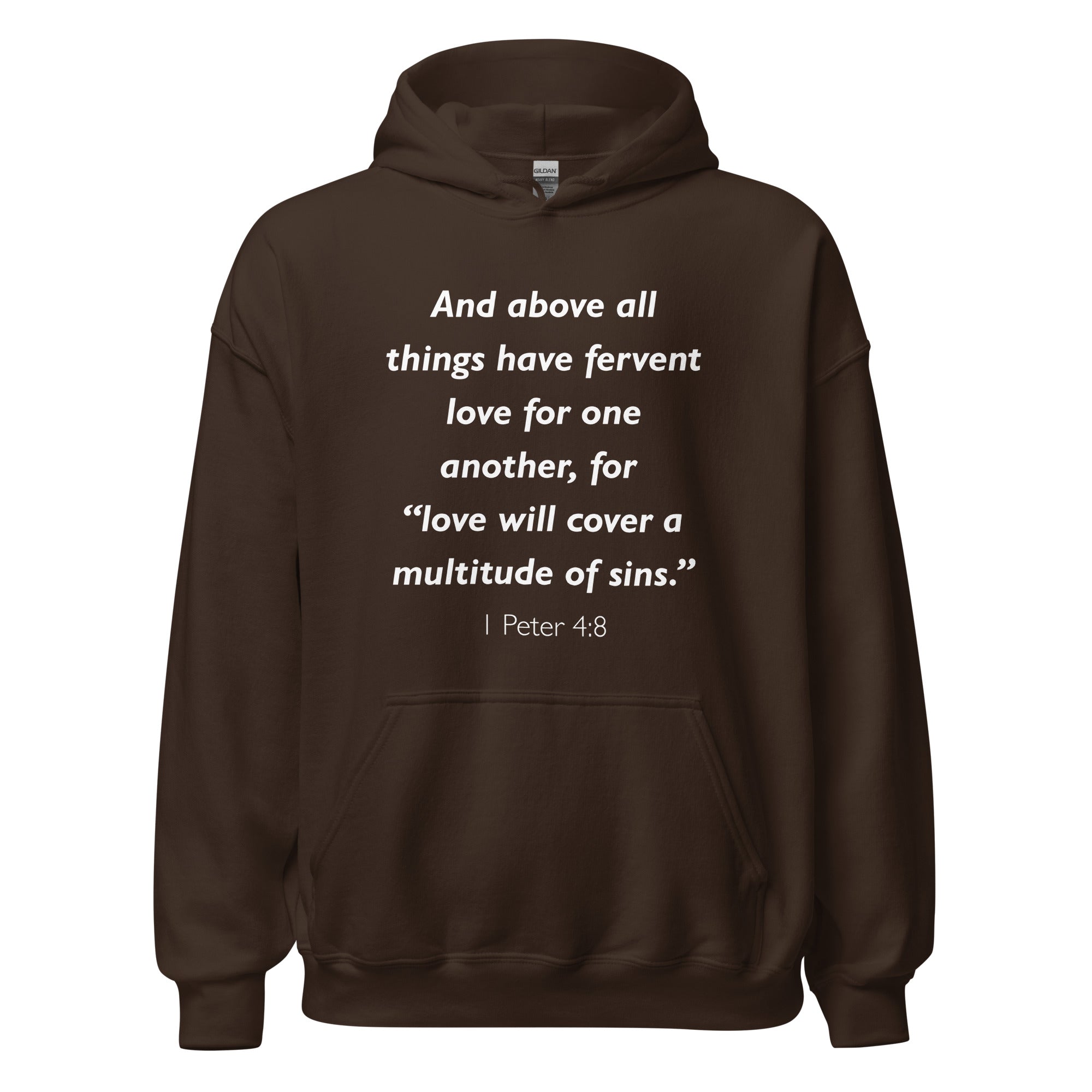 Unisex navy blue hoodie with 1 Peter 4:8 Bible verse printed in white text on front