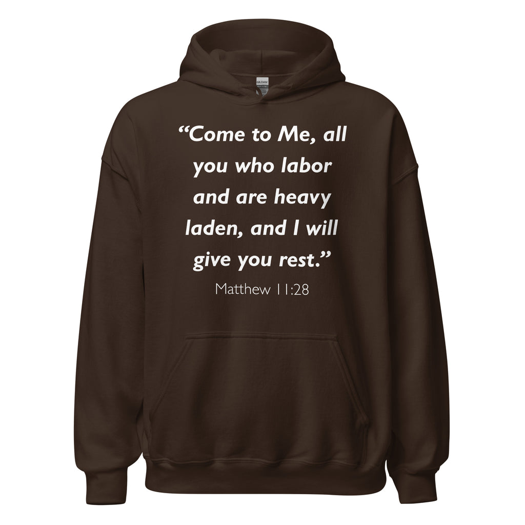 Unisex navy blue hoodie with Matthew 11:28 Bible verse printed in white text on front