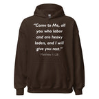 Unisex navy blue hoodie with Matthew 11:28 Bible verse printed in white text on front