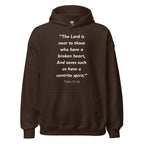 Unisex navy blue hoodie with Psalm 34:18 Bible verse printed in white text on front