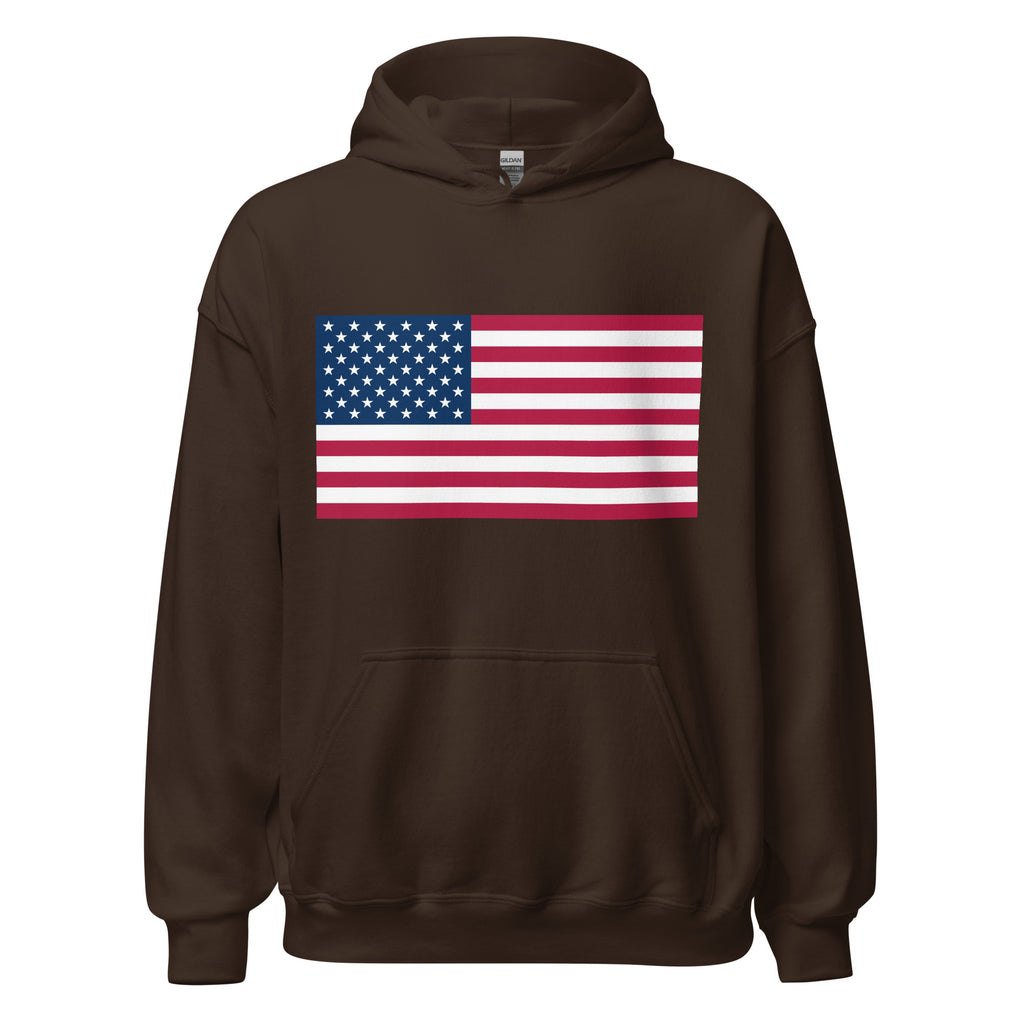 Unisex forest green hoodie featuring American flag design printed across the front chest