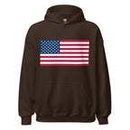 Unisex forest green hoodie featuring American flag design printed across the front chest