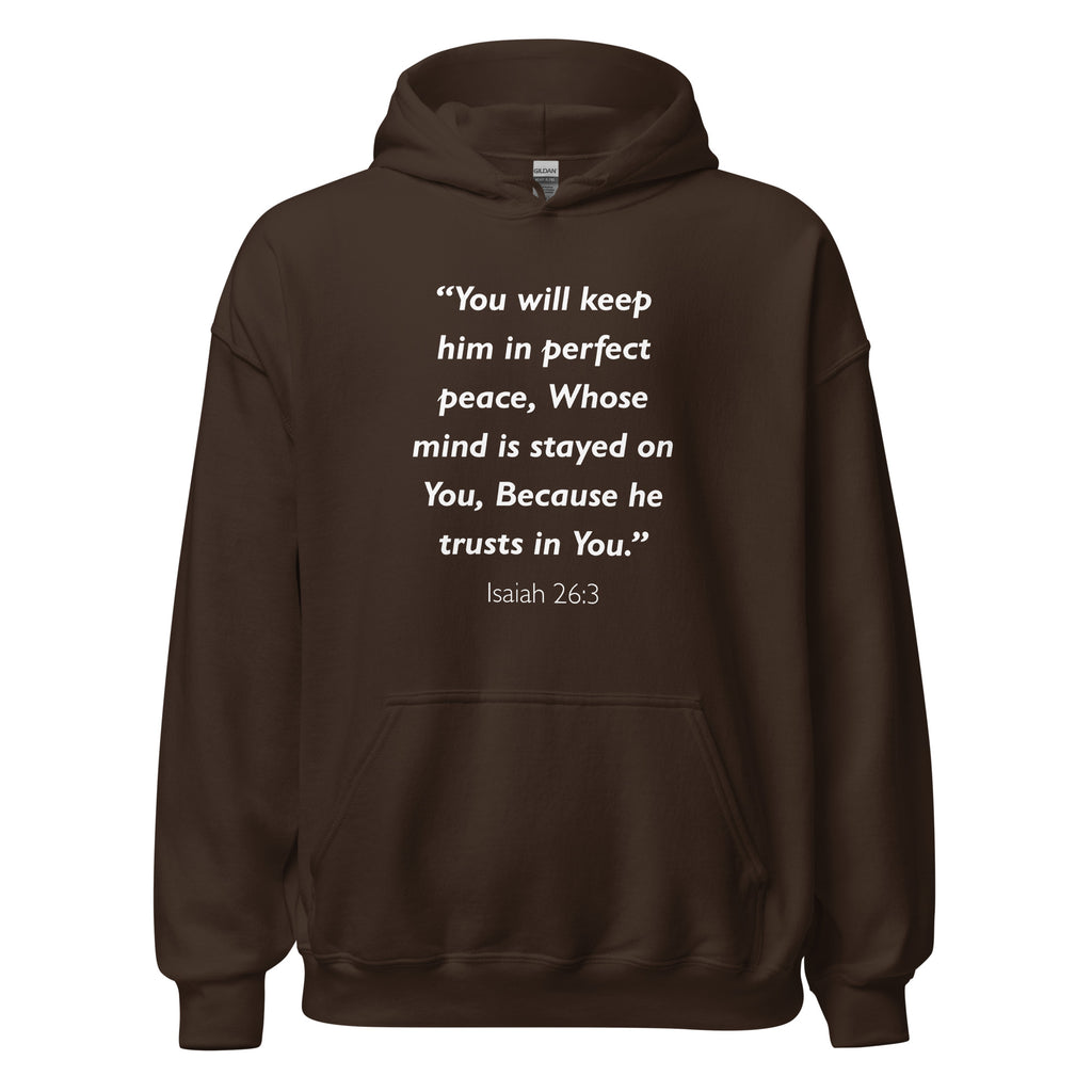 Unisex navy blue hoodie with Isaiah 26:3 Bible verse printed in white text on front