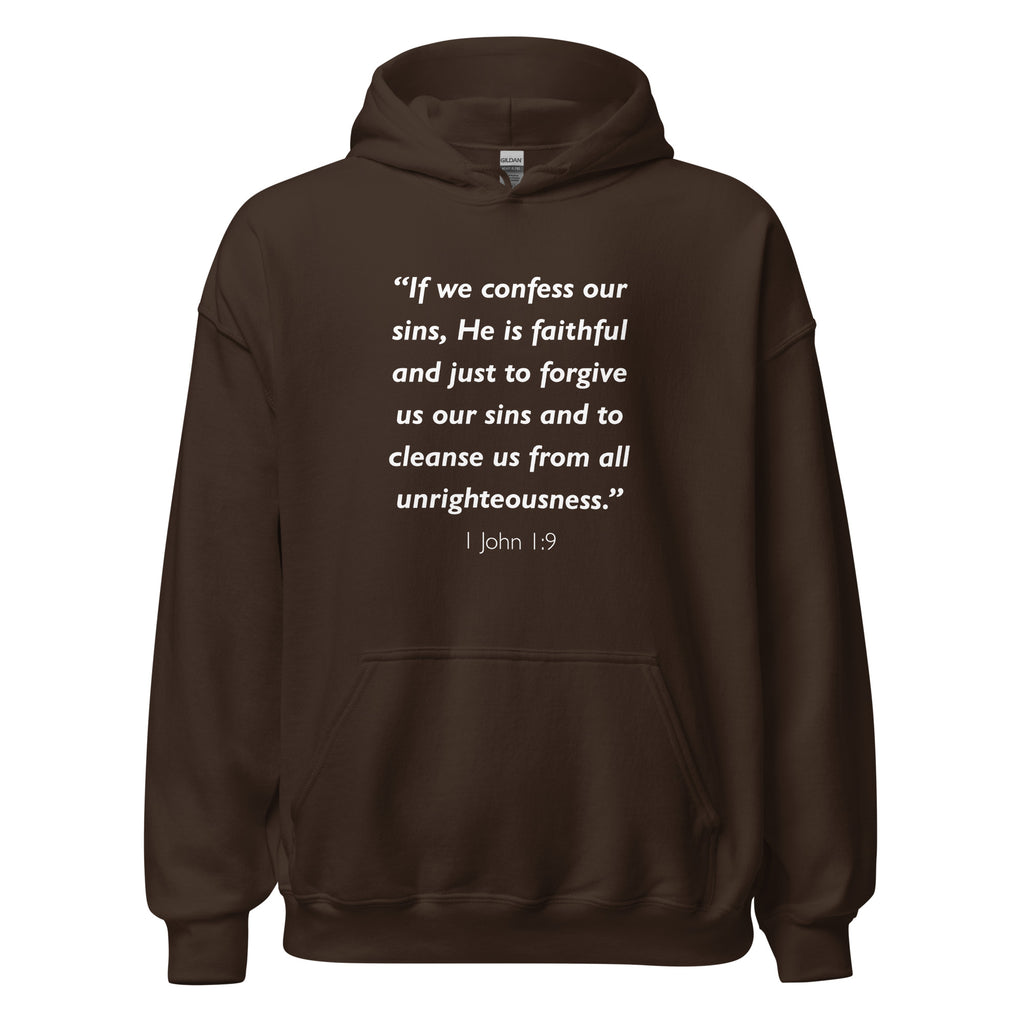 Unisex navy blue hoodie with 1 John 1:9 Bible verse printed in white text on front