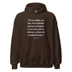 Unisex navy blue hoodie with 1 John 1:9 Bible verse printed in white text on front