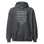 Unisex heather gray hoodie with John 14:27 Bible verse printed in white text on front